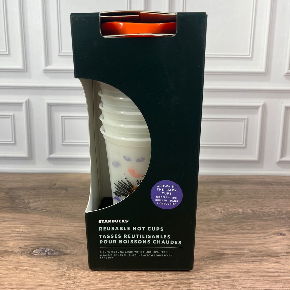 Starbucks Reusable Hot Cups 6pk 16oz Halloween 2022 Glow in the Dark 011136324